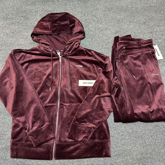 DKNY Sport Pants - DKNY Sport Womens Velour Hoodie and Jogger Pants Set Maroon Medium DP5J9233